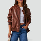 Bomberjack Dames Oversized Leatherlook met Ribboord - Bruin