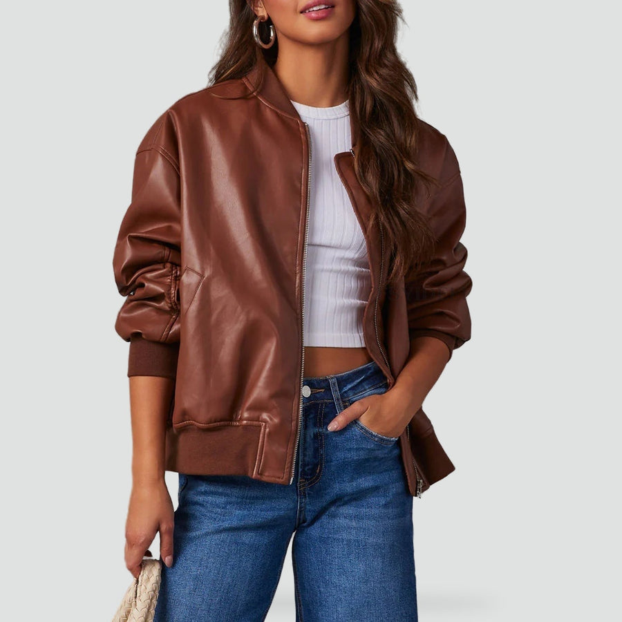 Bomberjack Dames Oversized Leatherlook met Ribboord