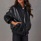 Bomberjack Dames Oversized Leatherlook met Ribboord - Zwart