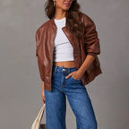 Bomberjack Dames Oversized Leatherlook met Ribboord