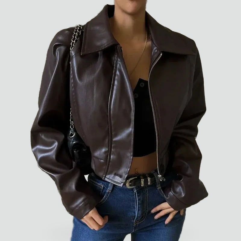 Bikerjack Dames Cropped Leatherlook met Diagonale Rits