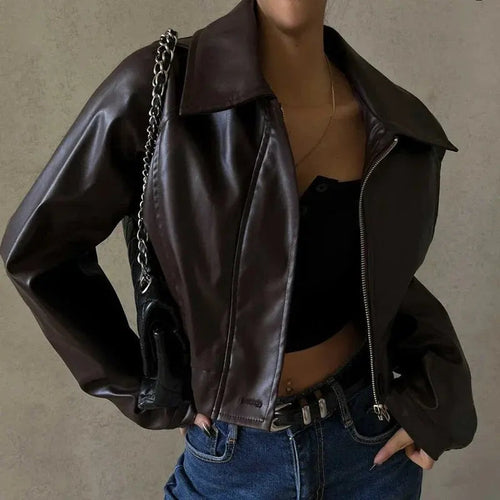 Bikerjack Dames Cropped Leatherlook met Diagonale Rits - Donkerbruin