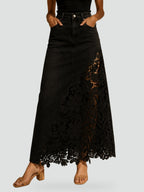 Spijkerrok Dames Maxi met Kanten Paneel en Hoge Taille