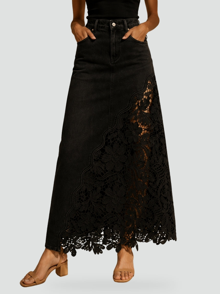 Spijkerrok Dames Maxi met Kanten Paneel en Hoge Taille