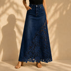 Spijkerrok Dames Maxi met Kanten Paneel en Hoge Taille - Marineblauw