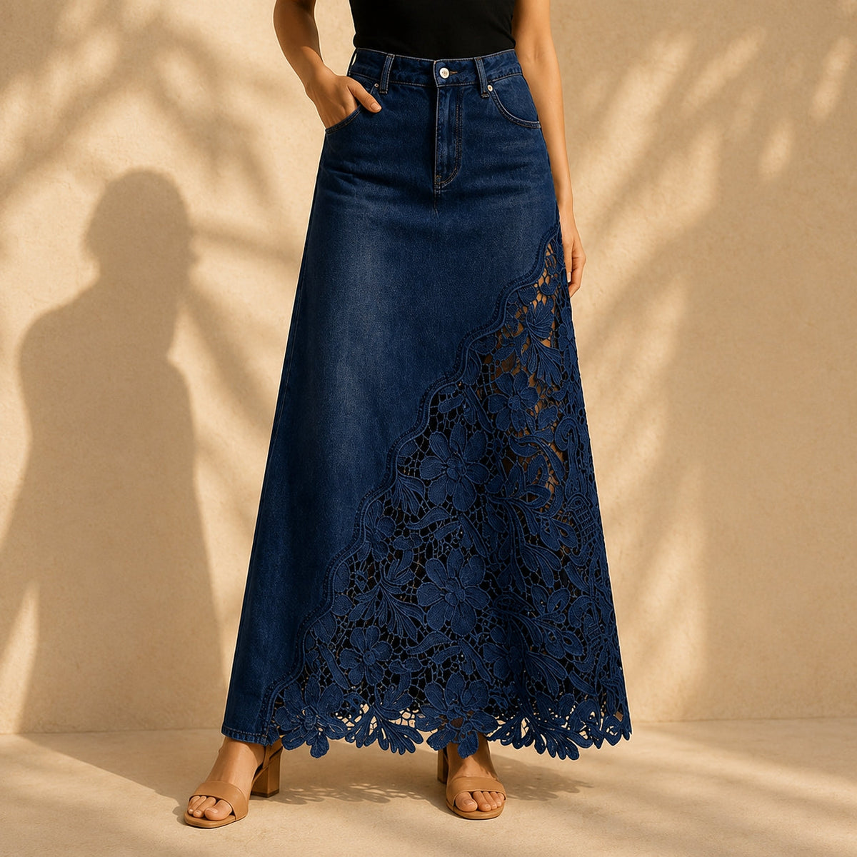 Spijkerrok Dames Maxi met Kanten Paneel en Hoge Taille - Marineblauw