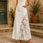 Spijkerrok Dames Maxi met Kanten Paneel en Hoge Taille - Wit