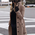 Trenchcoat Dames Lang met Staande Kraag en Klepzakken - Kaki