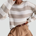 Trui Dames Oversized Gestreept met Ronde Hals - Kaki - Wit