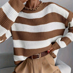 Trui Dames Oversized Gestreept met Ronde Hals - Koffie - Wit
