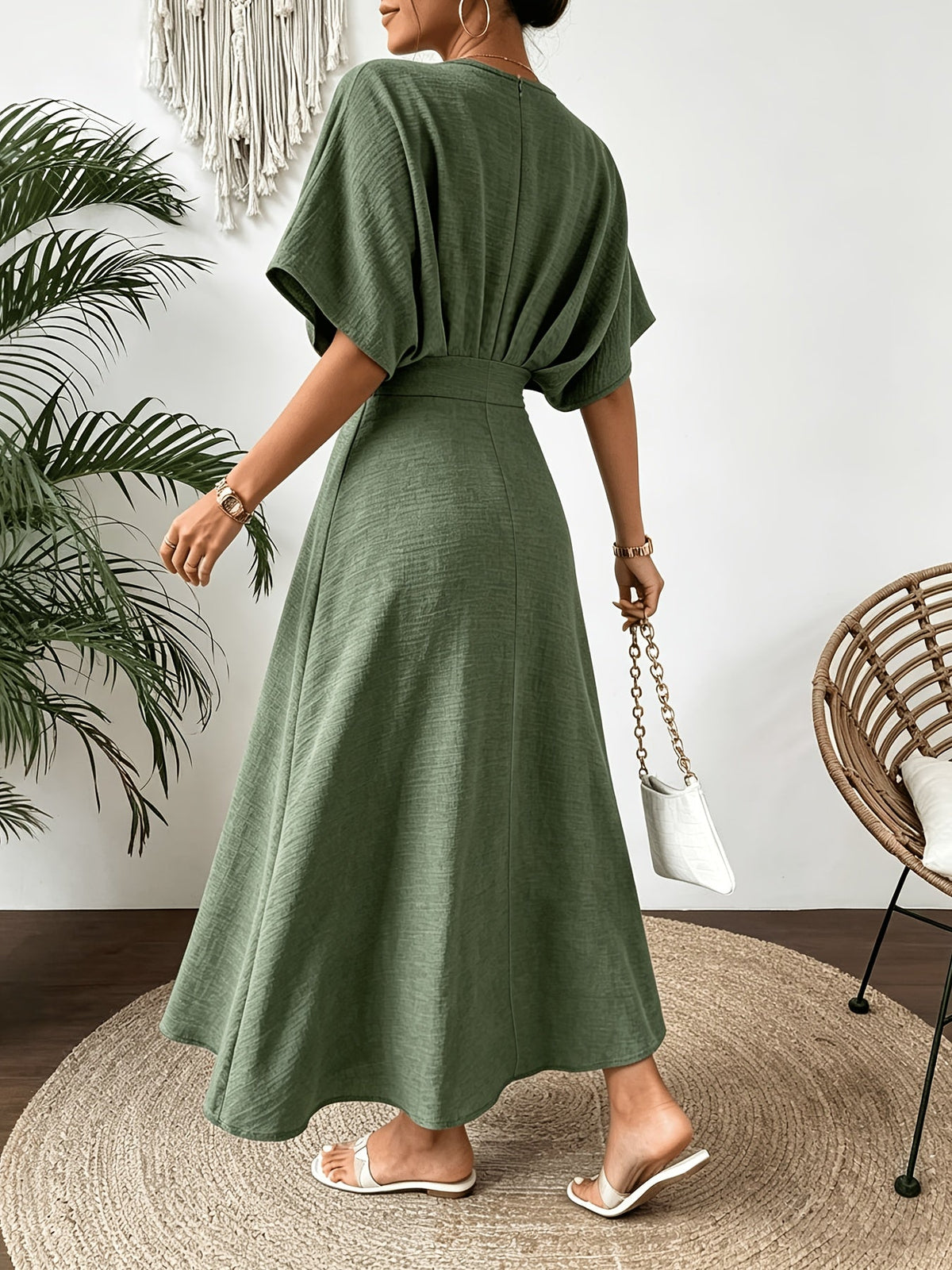 Jurk Dames Midi Vleermouwen V-hals A-lijn - Viscose