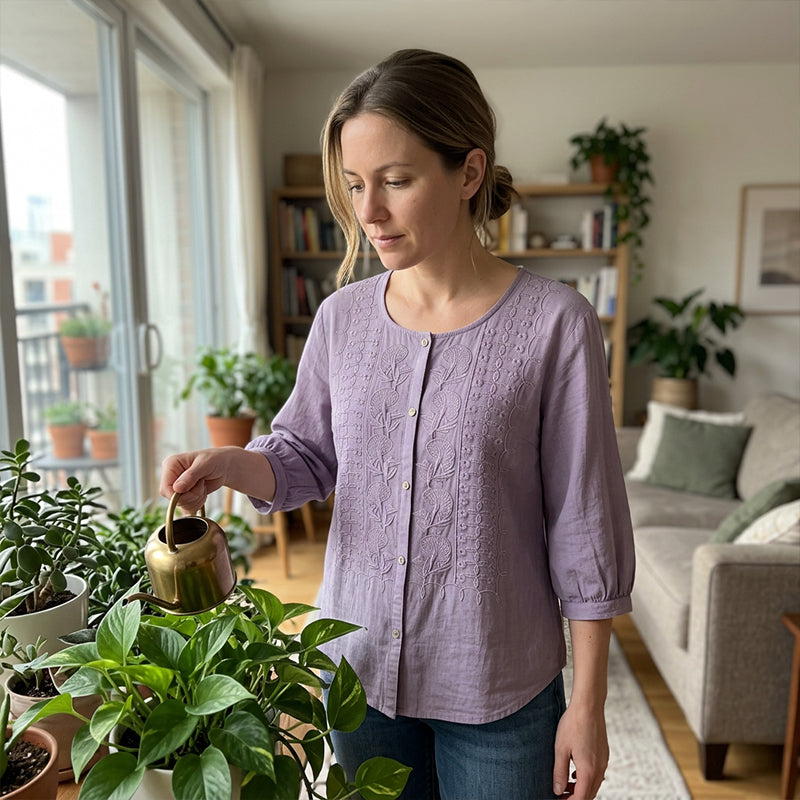 Blouse Dames Geborduurde Bloemen Luchtige Pasvorm - Katoen-Linnen