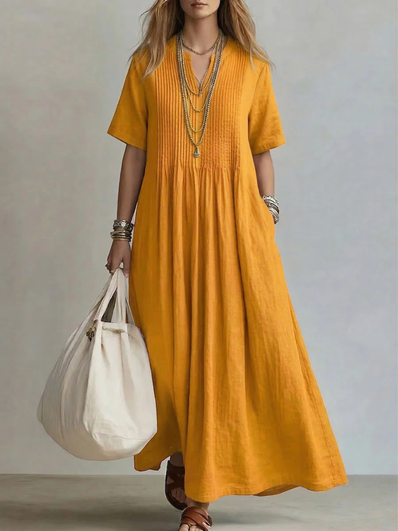Jurk Dames Zomer Geplooide Midi - Chiffon - Geel