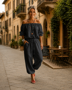 Jumpsuit Dames Open Schouder Veterdetail - Katoen - Zwart