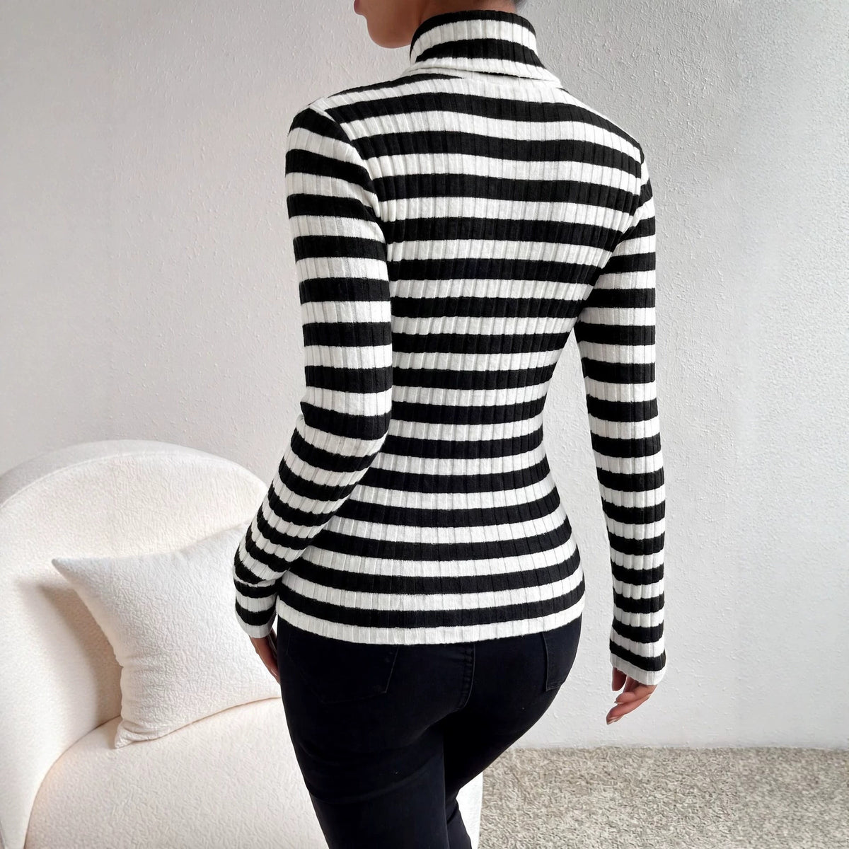 Trui Dames Slim Fit Coltrui Gestreept Lange Mouw
