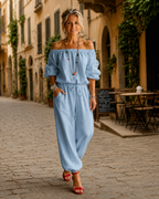 Jumpsuit Dames Open Schouder Veterdetail - Katoen - Lichtblauw