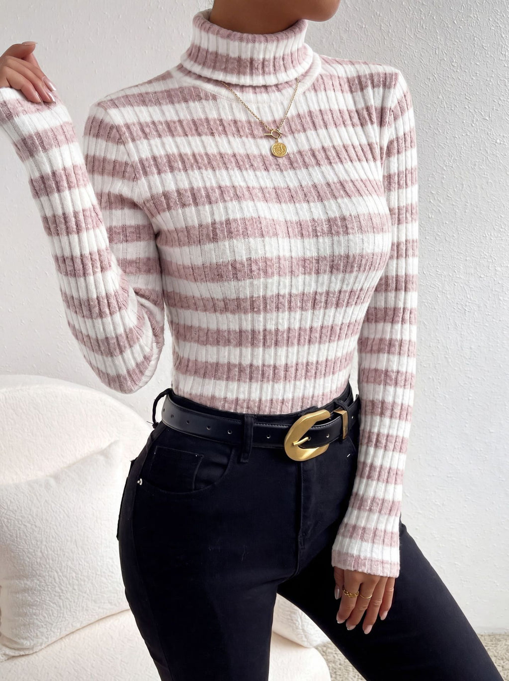 Trui Dames Slim Fit Coltrui Gestreept Lange Mouw