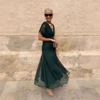 Chiffon Short-sleeved Dress Summer Fashion Print V-neck Long Dress, Women's Clothing