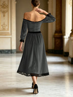 Fluwelen Jurk Dames Off Shoulder Midi met Kanten Rand – Feestjurk
