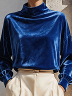 Velvet Top Dames met Col Lange Mouw – Losvallende Fluwelen Top