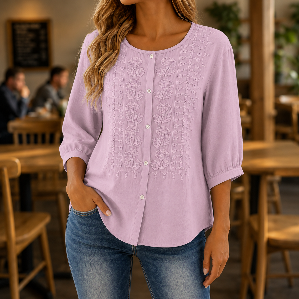 Blouse Dames Geborduurde Bloemen Luchtige Pasvorm - Katoen-Linnen - Roze