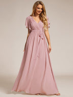 V-Neck Flutter Sleeve Floor-Length A-Line Chiffon Evening Dress #color_Dusty Rose