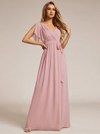 V-Neck Flutter Sleeve Floor-Length A-Line Chiffon Evening Dress #color_Dusty Rose