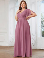 V-Neck Flutter Sleeve Floor-Length A-Line Chiffon Evening Dress #color_Purple Orchid
