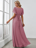 V-Neck Flutter Sleeve Floor-Length A-Line Chiffon Evening Dress #color_Purple Orchid