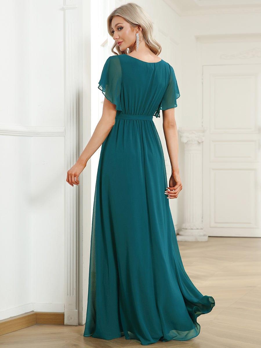 V-Neck Flutter Sleeve Floor-Length A-Line Chiffon Evening Dress #color_Teal