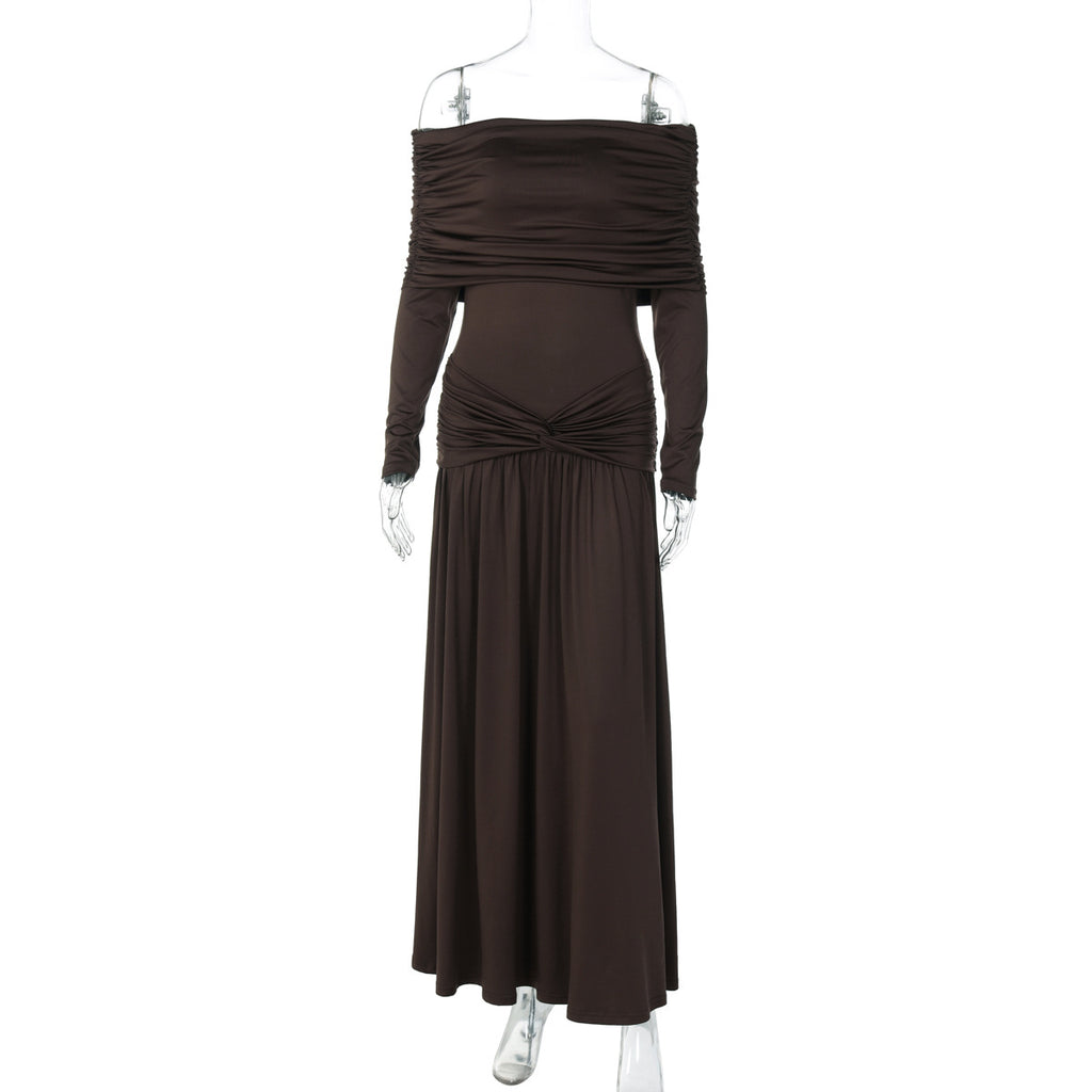 Off-neck Cinched Pleated Long Sleeve Dress