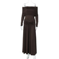 Off-neck Cinched Pleated Long Sleeve Dress