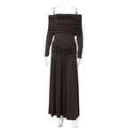 Off-neck Cinched Pleated Long Sleeve Dress