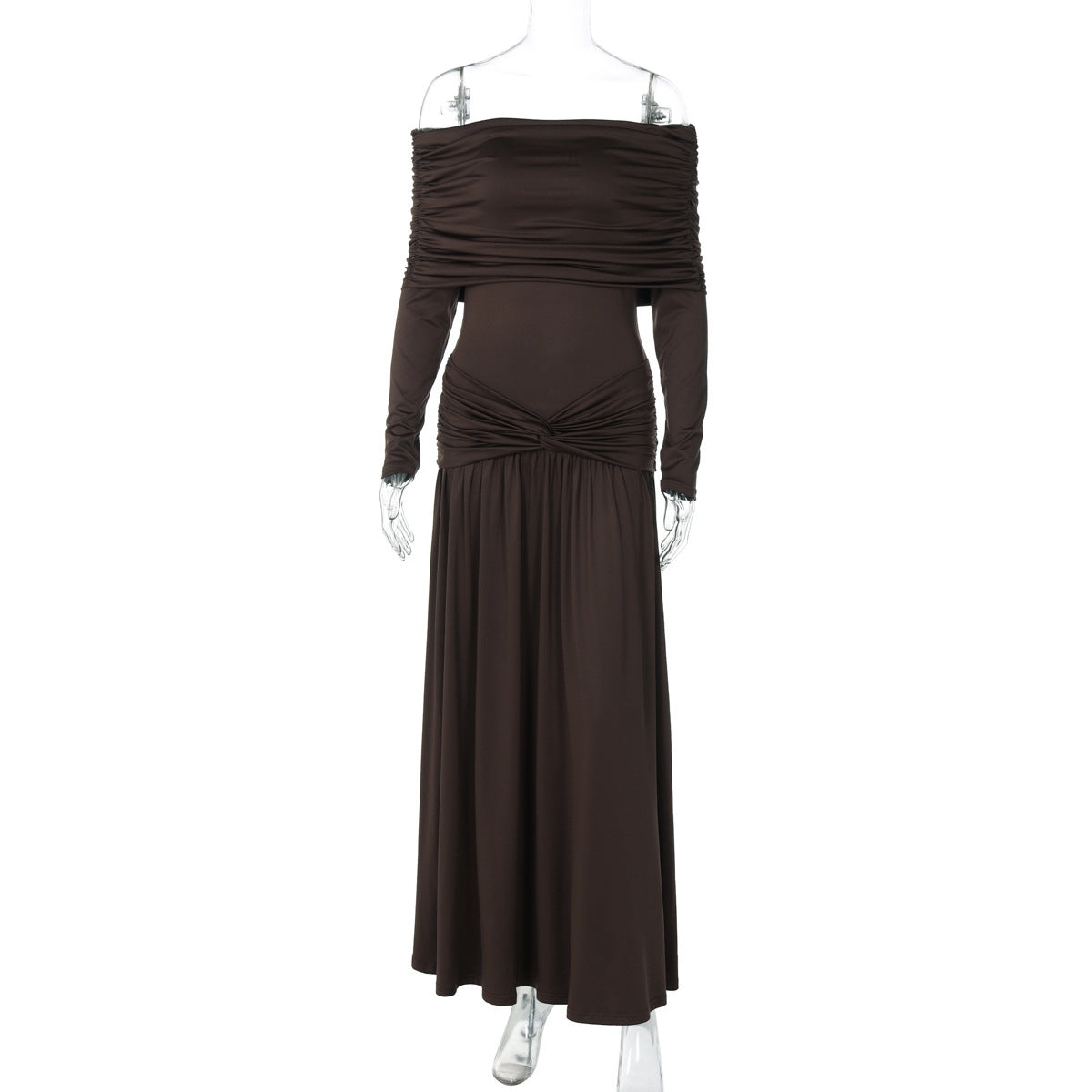 Off-neck Cinched Pleated Long Sleeve Dress