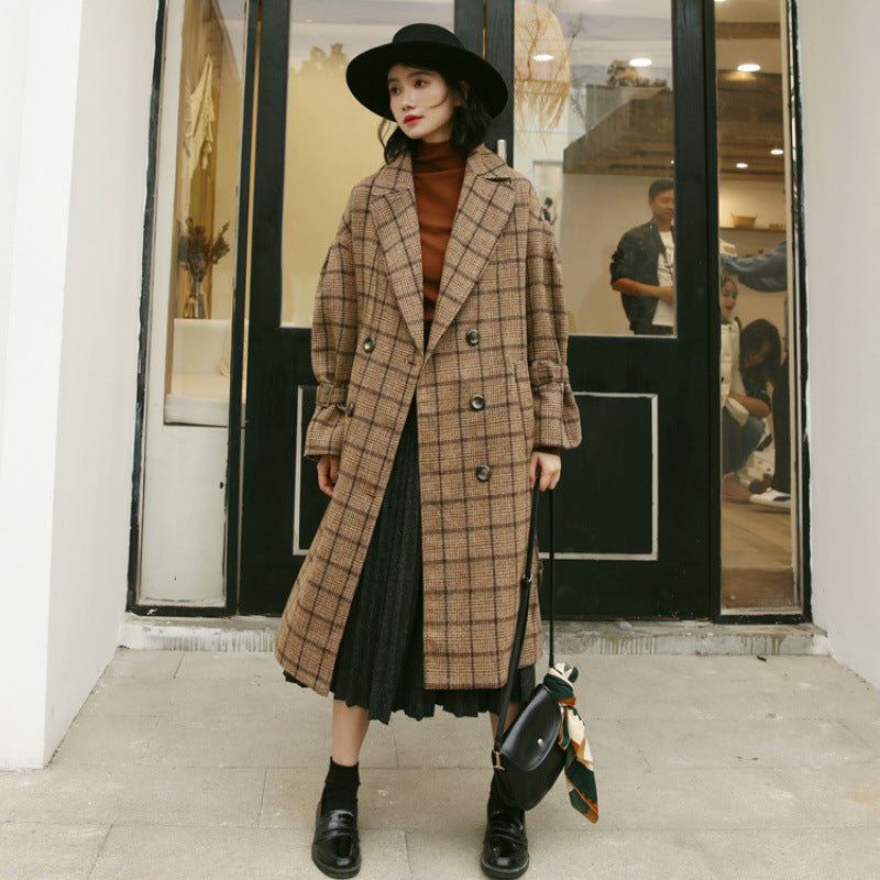 Trenchcoat Dames Geruite Rechte Pasvorm Onder de Knie Lange Mouw