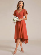 Chic V Neck High-Low Wedding Guest Dress #color_Burnt Orange