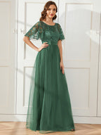 Women's A-Line Short Sleeve Embroidery Floor Length Wedding Guest Dresses #color_Eucalyptus Green
