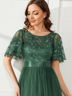 Women's A-Line Short Sleeve Embroidery Floor Length Wedding Guest Dresses #color_Eucalyptus Green