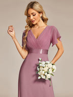 Long Empire Waist Bridesmaid Dress with Short Flutter Sleeves #color_Purple Orchid