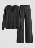 Co-ord set Dames Cable-Knit V-hals Wijde Pijpen Lang