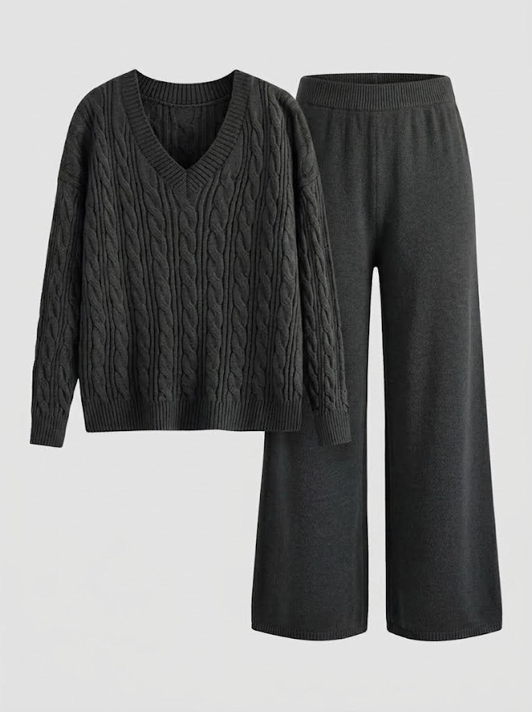 Co-ord set Dames Cable-Knit V-hals Wijde Pijpen Lang