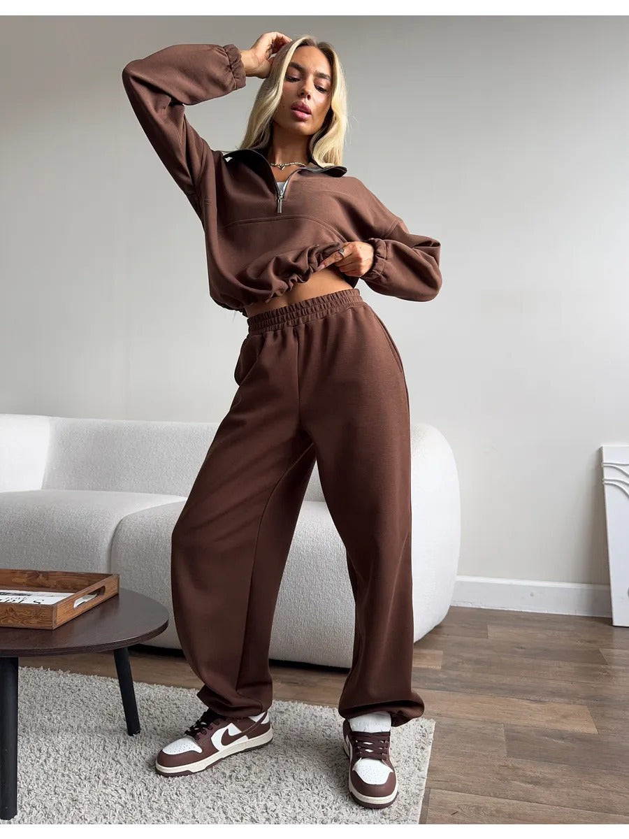 Co-ord set Dames Fleece Gevoerd Kraag Sweater Rechte Pijp