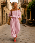 Jumpsuit Dames Open Schouder Veterdetail - Katoen - Roze