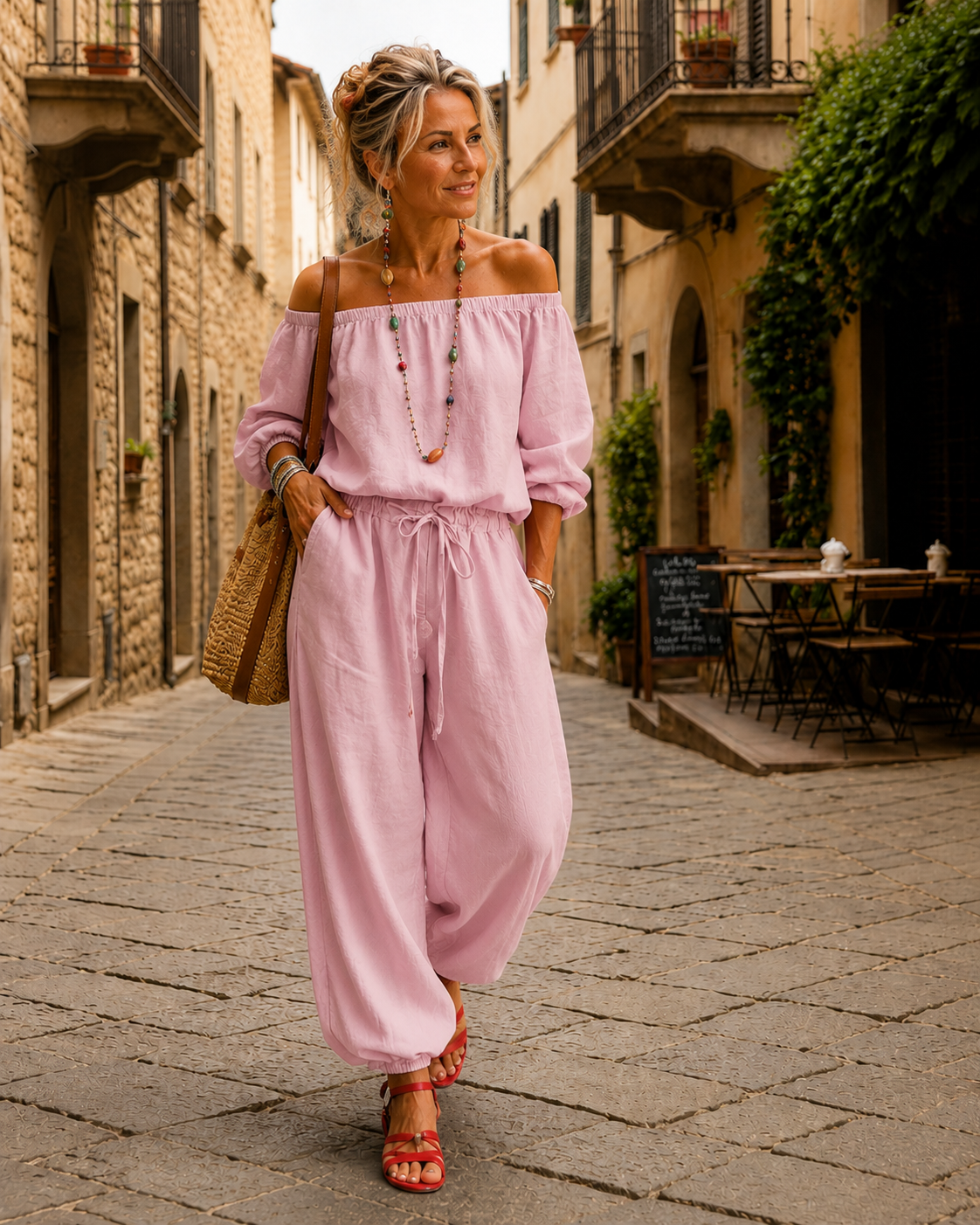 Jumpsuit Dames Open Schouder Veterdetail - Katoen - Roze