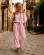Jumpsuit Dames Open Schouder Veterdetail - Katoen - Roze