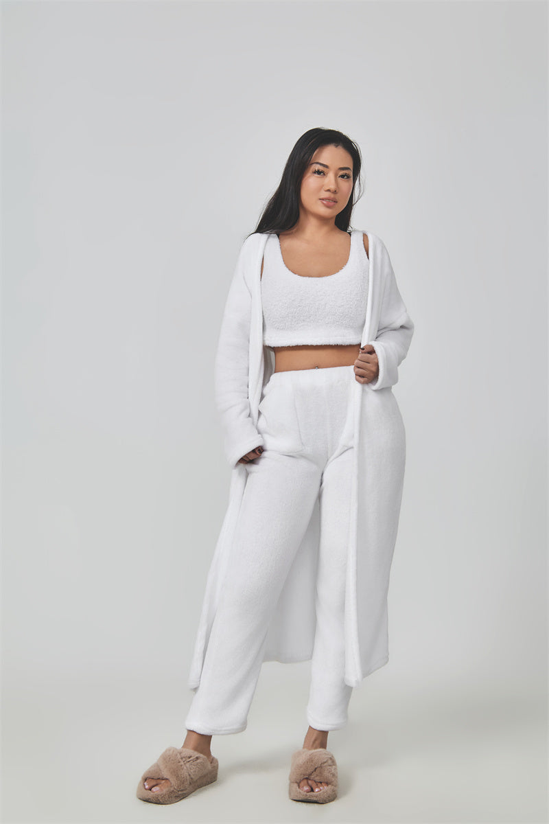 Nachtkleding Dames 3-Delig Fluffy Loungewear Wijde Pijpen