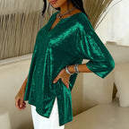 Glitter Blouse Dames V-hals Driekwart Mouw – Losvallende Feesttop