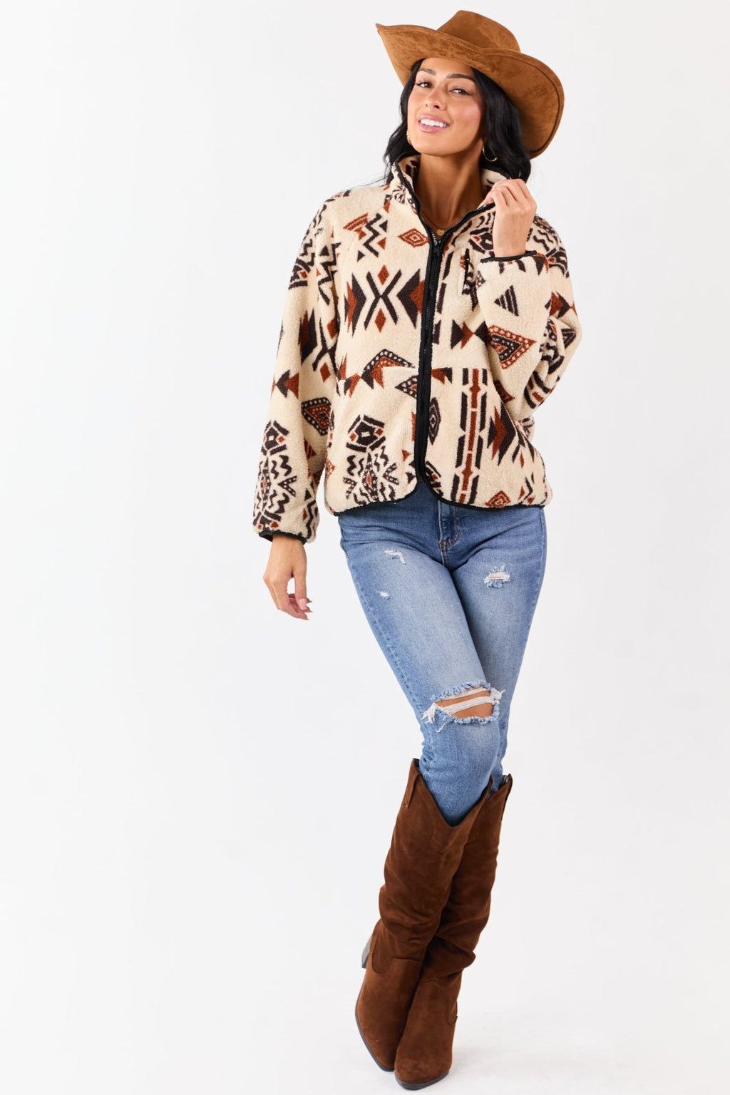 Fleecejack Dames | Geometrisch Patroon Staande Kraag - Miss Madera