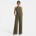 Ensemble femme col halter décolleté en V pantalon large taille élastiquée