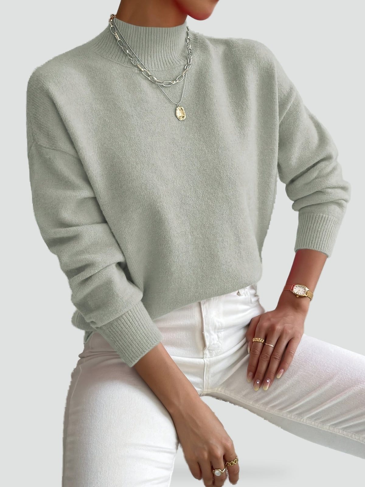Trui Dames Regular Fit met Mock Neck en Ribboorden - Lichtgroen